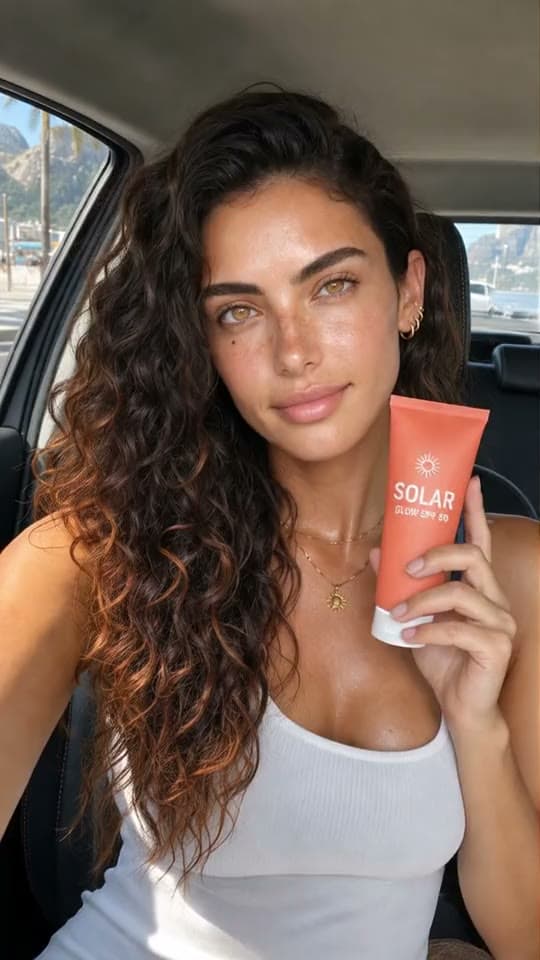 A woman in her car recommends a sunscreen and holds the tube to camera