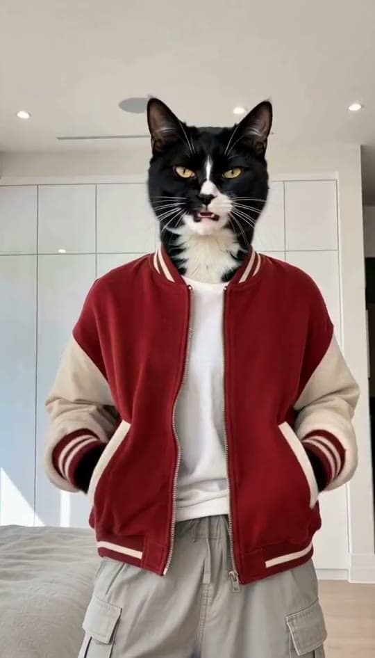 A tuxedo cat in a red varsity jacket dances a trend routine