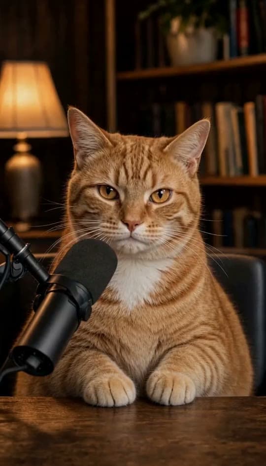 A ginger cat behind a podcast microphone talks seriously to camera
