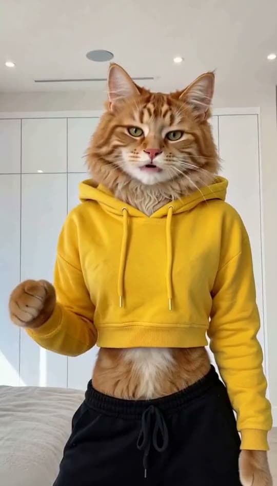 An orange tabby cat in a yellow hoodie dances a trend routine