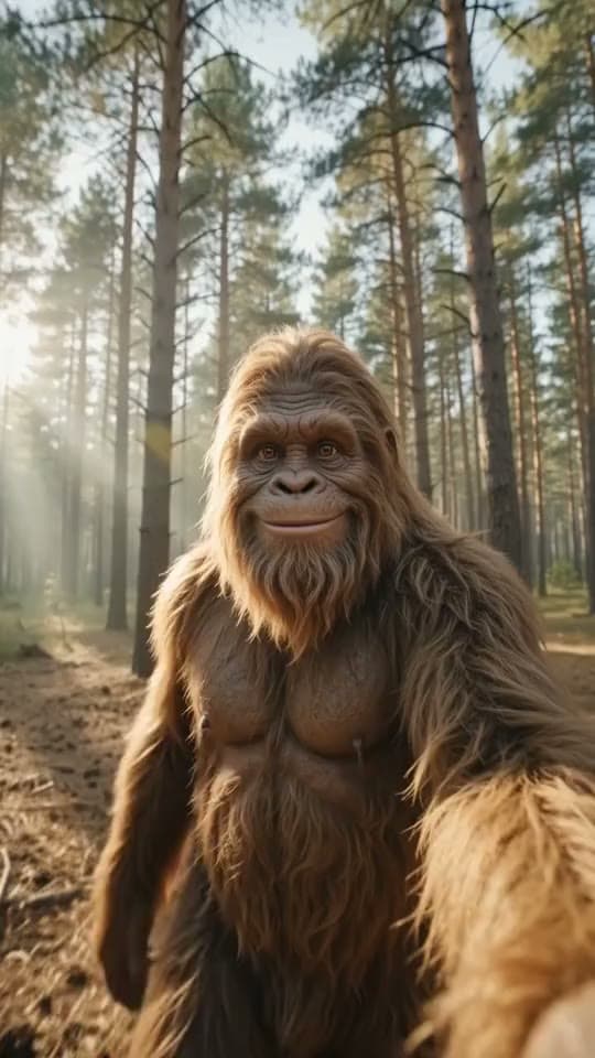 Bigfoot films a cheerful selfie vlog while walking through a misty pine forest, with word-by-word captions