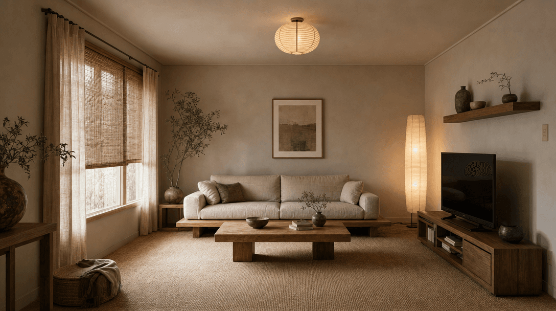 A dated living room transforms into a warm Japandi interior with the camera perfectly still