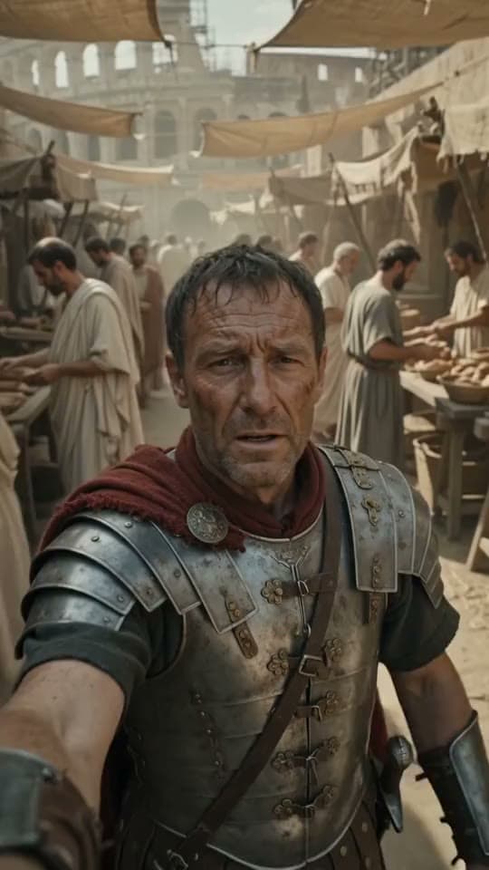 A Roman legionary films a selfie vlog in a busy ancient market, with word-by-word captions