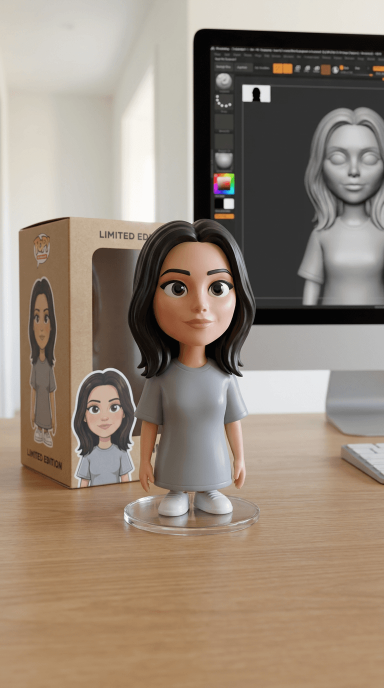 A woman transforms into a Pixar-style vinyl collectible figurine of herself on a desk