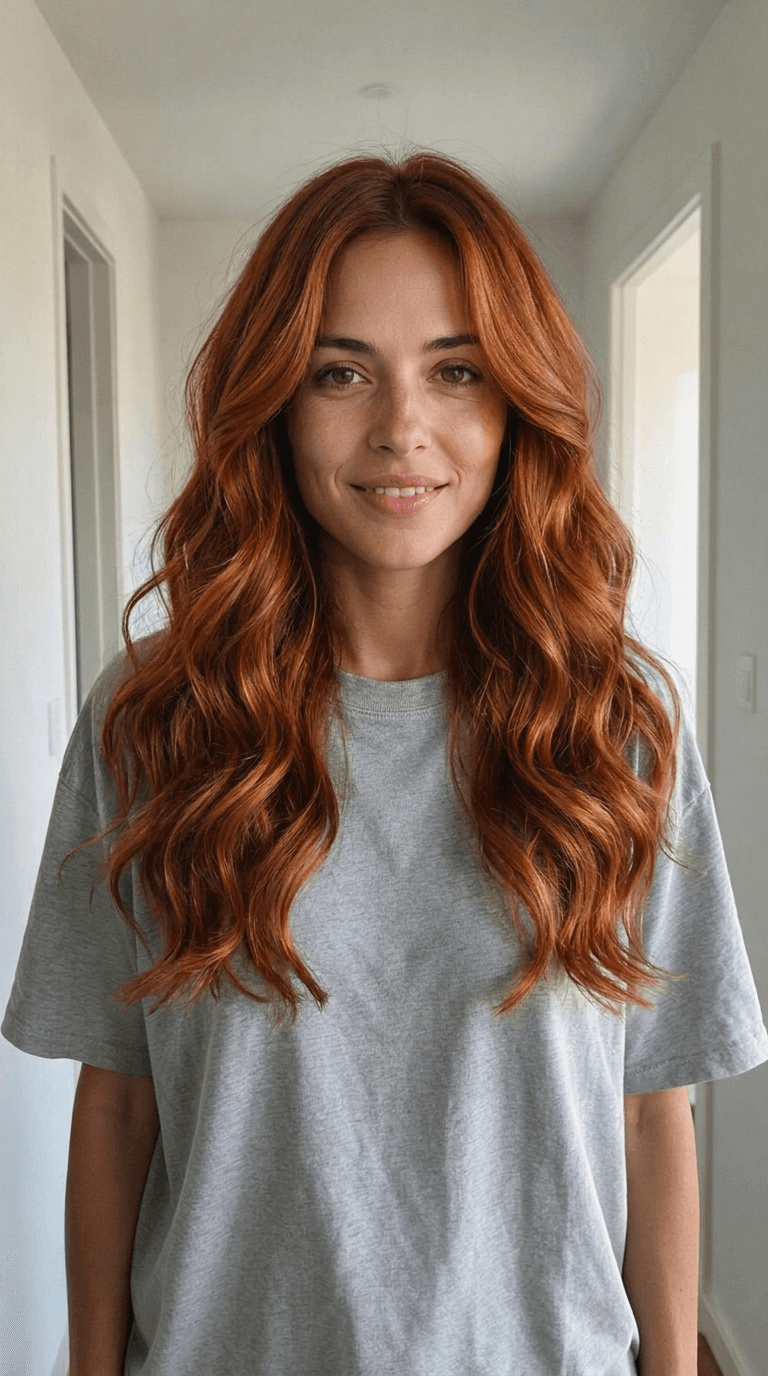 A woman's dark shoulder-length hair transforms into long copper waves