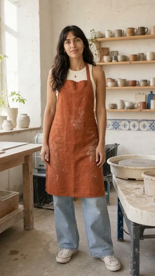 A potter in an apron spins and transitions into a black evening outfit