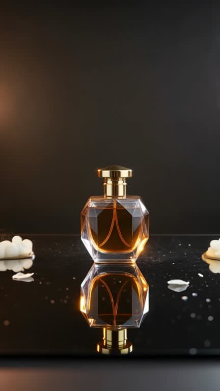 A luxury perfume bottle surrounded by slow-motion golden liquid and jasmine petals