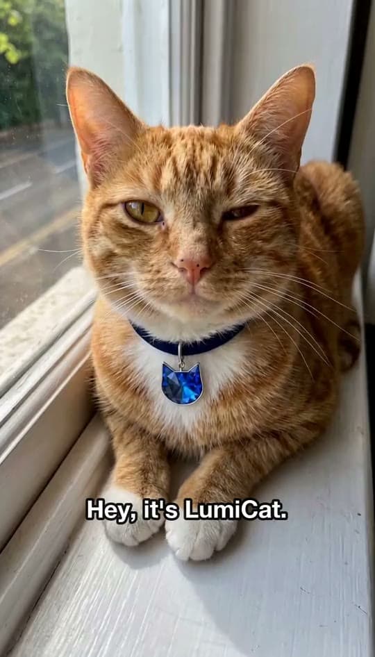 LumiCat lies in a sunbeam on a windowsill and talks to the camera