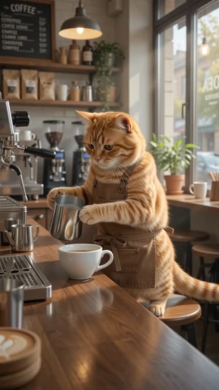 An orange tabby cat in a barista apron pours rosetta latte art in a cozy cafe