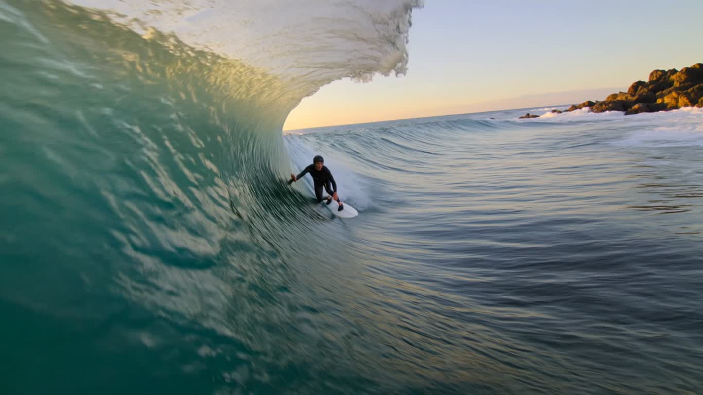 FPV drone footage follows a surfer through a turquoise barrel wave