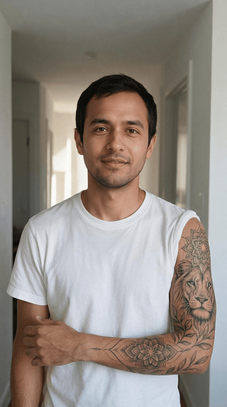 A full tattoo sleeve inks itself onto a man's arm