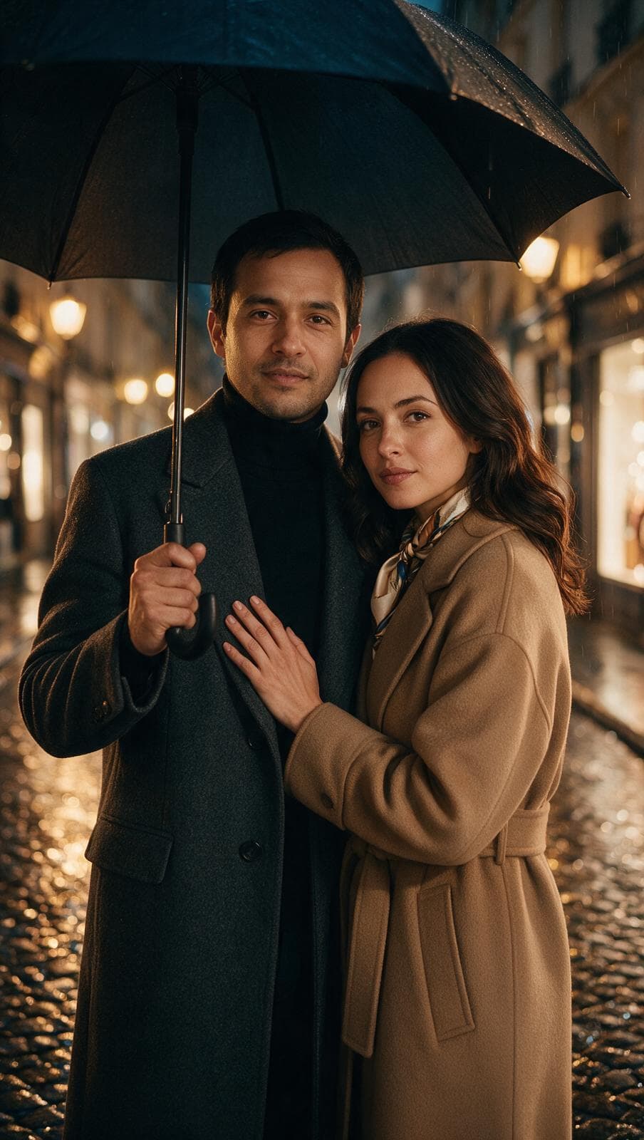 Two separate snapshots of a woman and a man merge into a single portrait of them together under an umbrella in Paris at night
