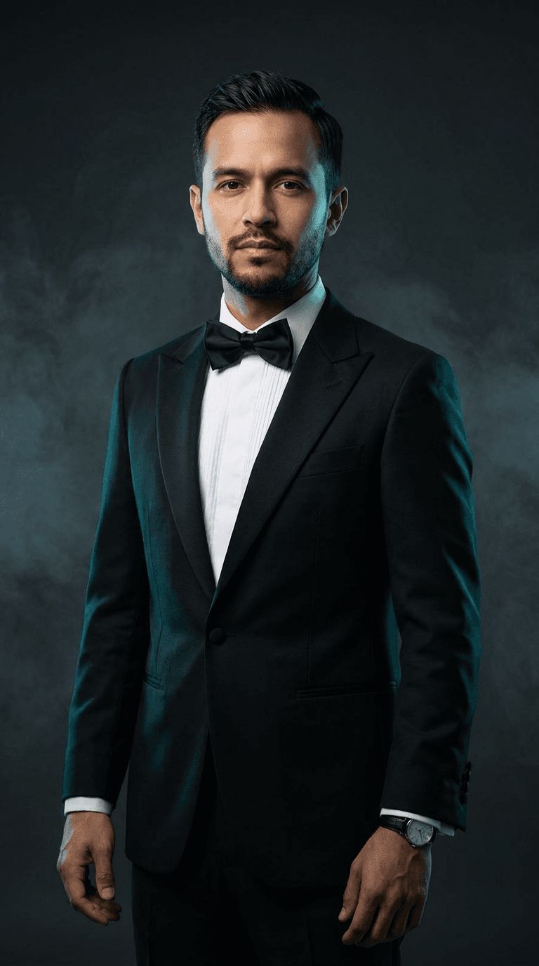 A man in a white t-shirt transforms into a tailored black tuxedo as cinematic smoke rolls across the frame