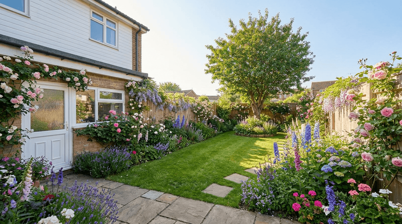 A neglected back garden blooms into a lush cottage garden while the camera stays still