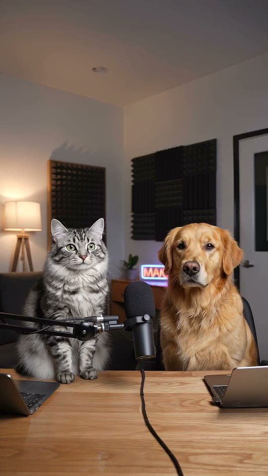 A silver tabby cat and a golden retriever take turns talking into podcast microphones, with word-by-word captions