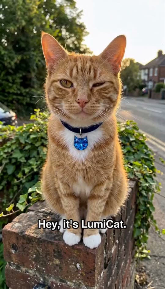 LumiCat, an orange cat with a blue crystal pendant, gives life advice from a garden wall and licks her paw